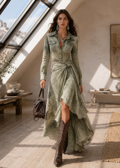 A woman walks through a sunlit attic room wearing a long sage green tie-dye shirt dress with a high-low hem and brown leather boots, carrying a dark brown handbag.