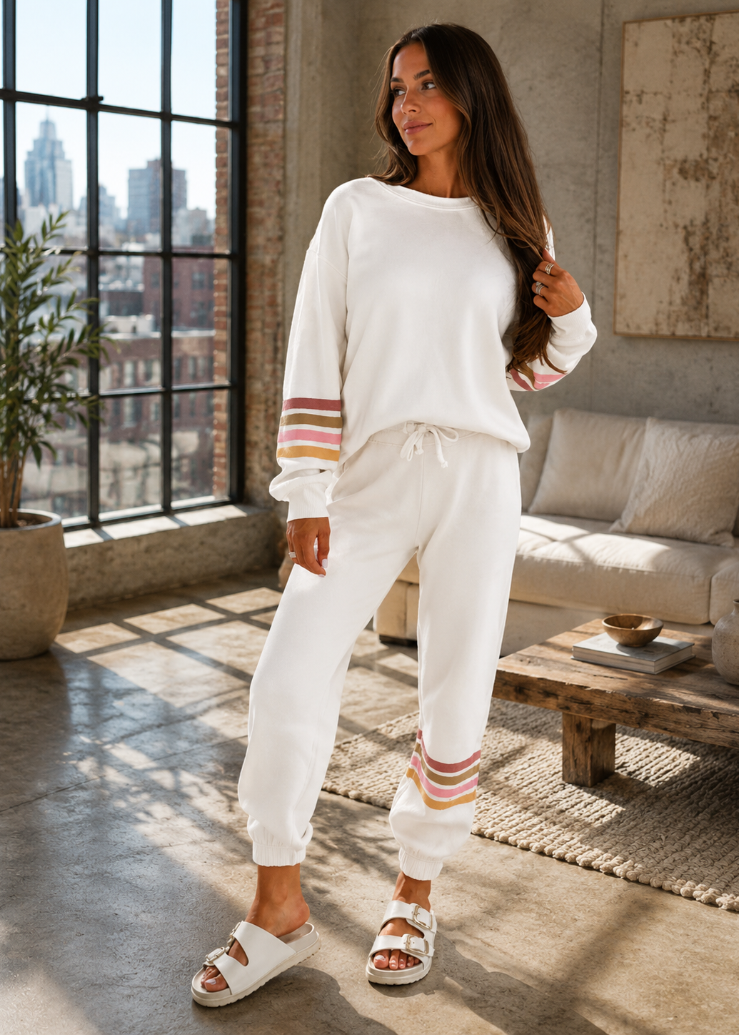 A woman modeling a white two-piece lounge set with pink and beige striped sleeve and cuff details, standing in a modern loft-style room with a window and concrete floor.