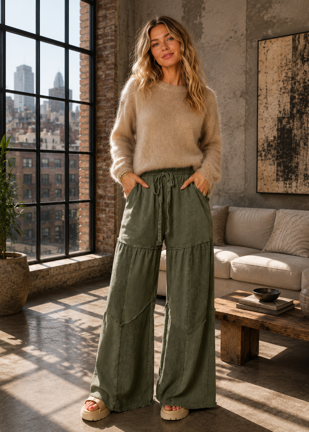 A woman stands in a sunlit loft room wearing a fuzzy beige knit sweater and olive green wide-leg pants, with her hands in the pockets. The room features a large black-framed window looking out onto a city skyline, a concrete wall, and a light-colored sofa in the background.