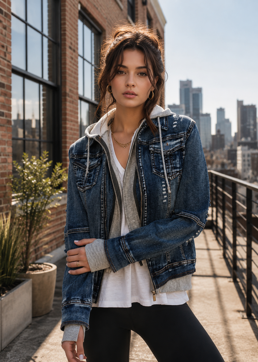A woman stands on a rooftop balcony wearing a distressed blue denim jacket over a white top and black pants, with a city skyline and brick building in the background.