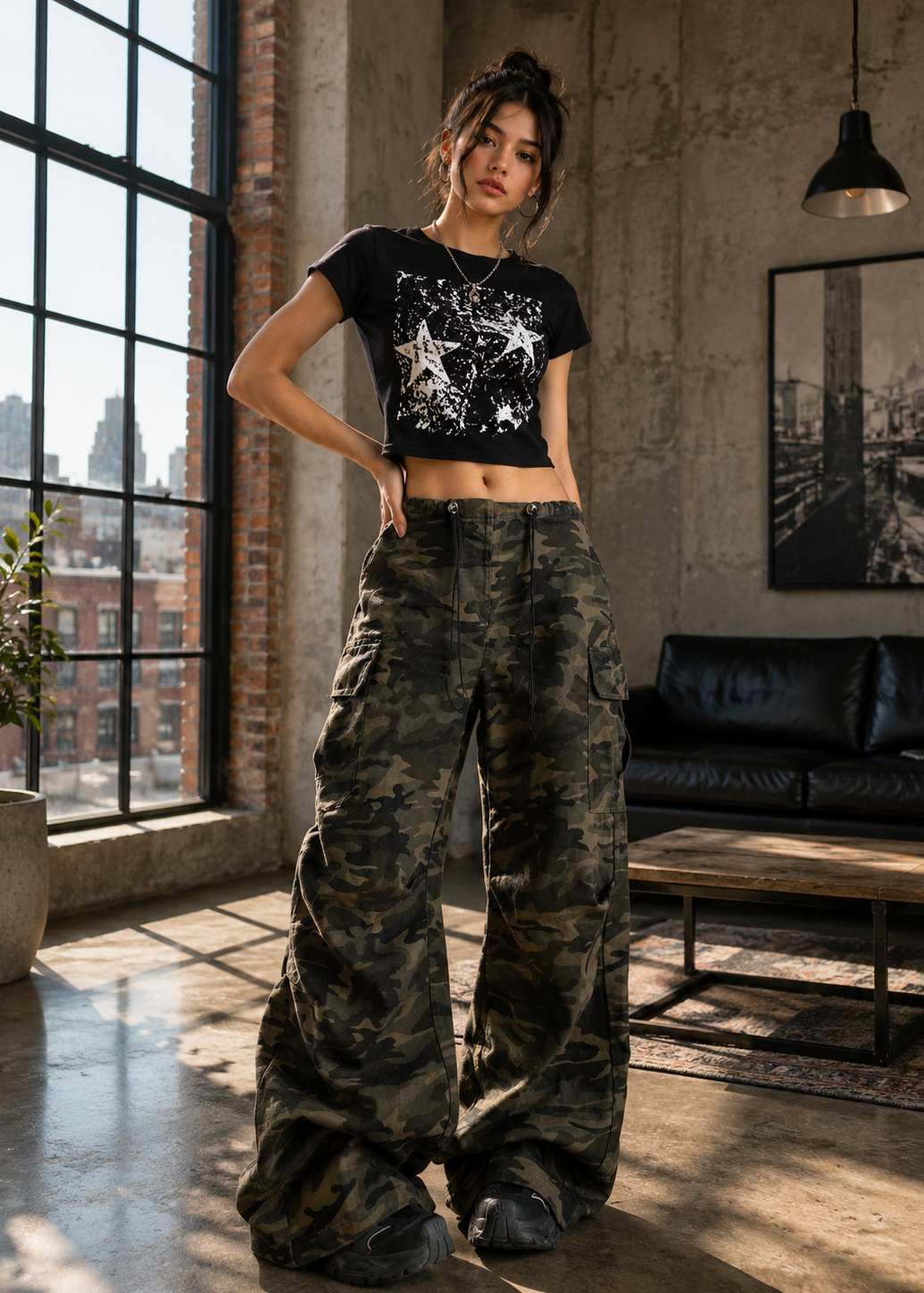 A woman stands in a loft-style room with large windows, concrete walls, and a black leather sofa, wearing a black cropped graphic T-shirt and very wide-leg camouflage cargo pants.