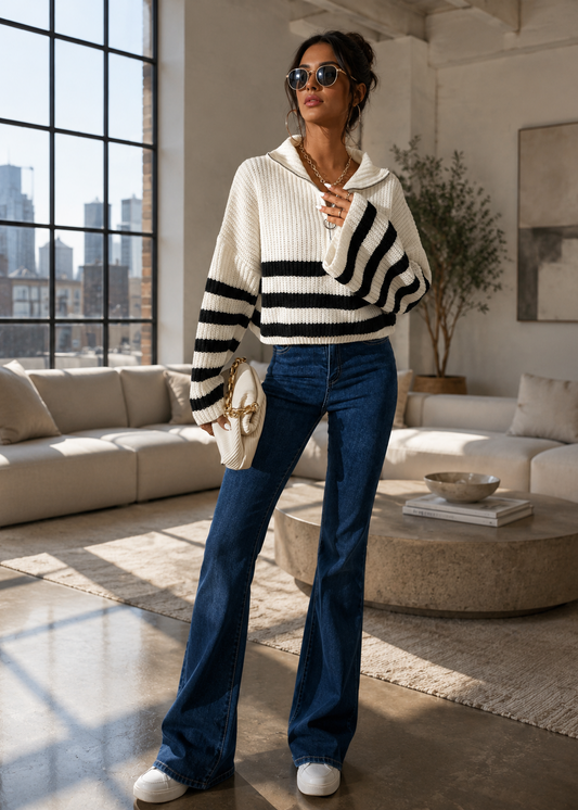 A woman stands in a bright, modern living room wearing a cream and black horizontally striped knit sweater, blue flare jeans, white sneakers, and sunglasses, holding a small cream handbag.
