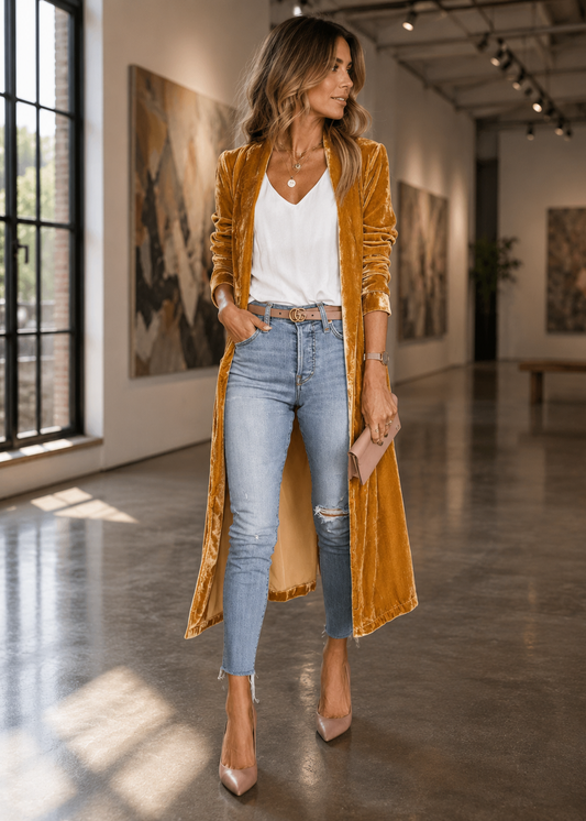 A woman stands in a bright art gallery wearing a long mustard yellow velvet open-front coat over a white V-neck top, light-wash blue jeans, and nude heels.