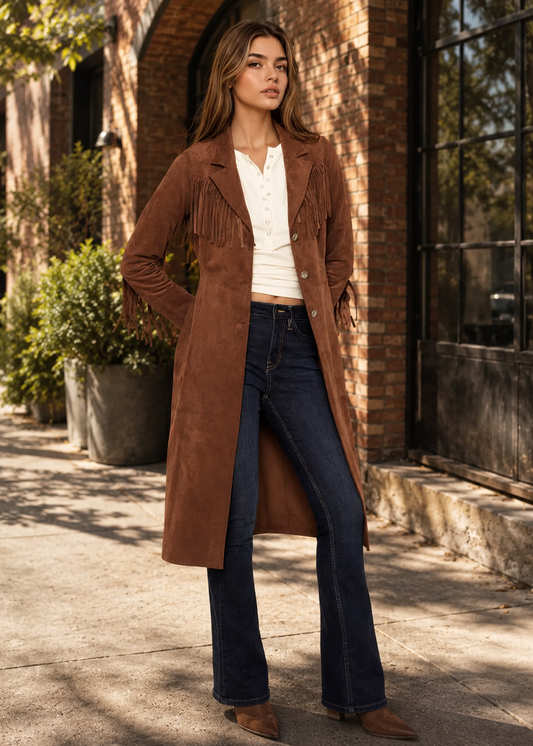 A woman stands on a sunlit sidewalk in front of a brick building, wearing a long brown suede fringe coat over a white top and dark blue flared jeans.