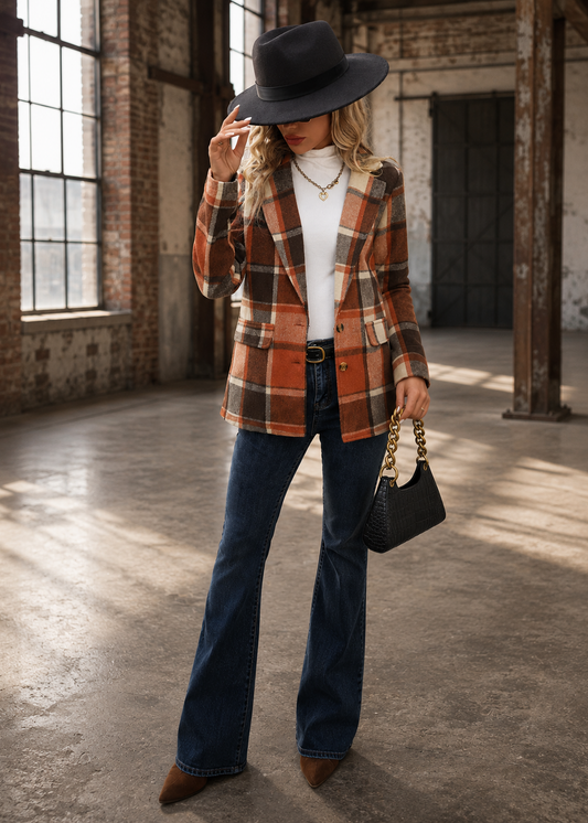 A woman stands in a rustic brick warehouse wearing a rust-orange and brown plaid blazer over a white top, blue flare jeans, and a black wide-brim hat, while holding a black handbag.