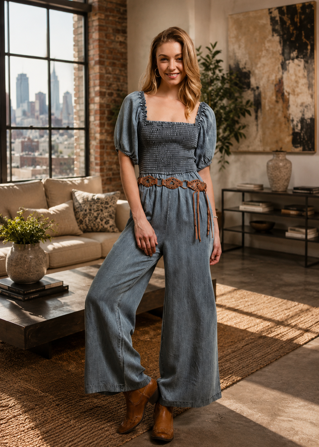 A woman modeling a blue denim jumpsuit with puff sleeves, a square neckline, and a brown woven belt, standing in a modern loft-style living room with a city skyline visible through the window.