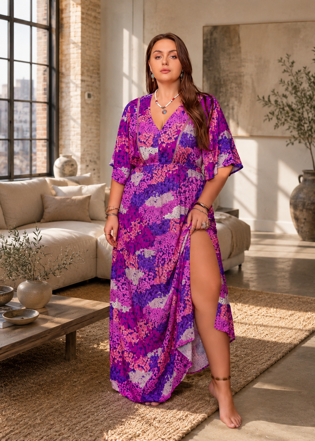 A woman modeling a purple and magenta abstract print maxi dress with a thigh-high slit, standing in a modern, sunlit living room.