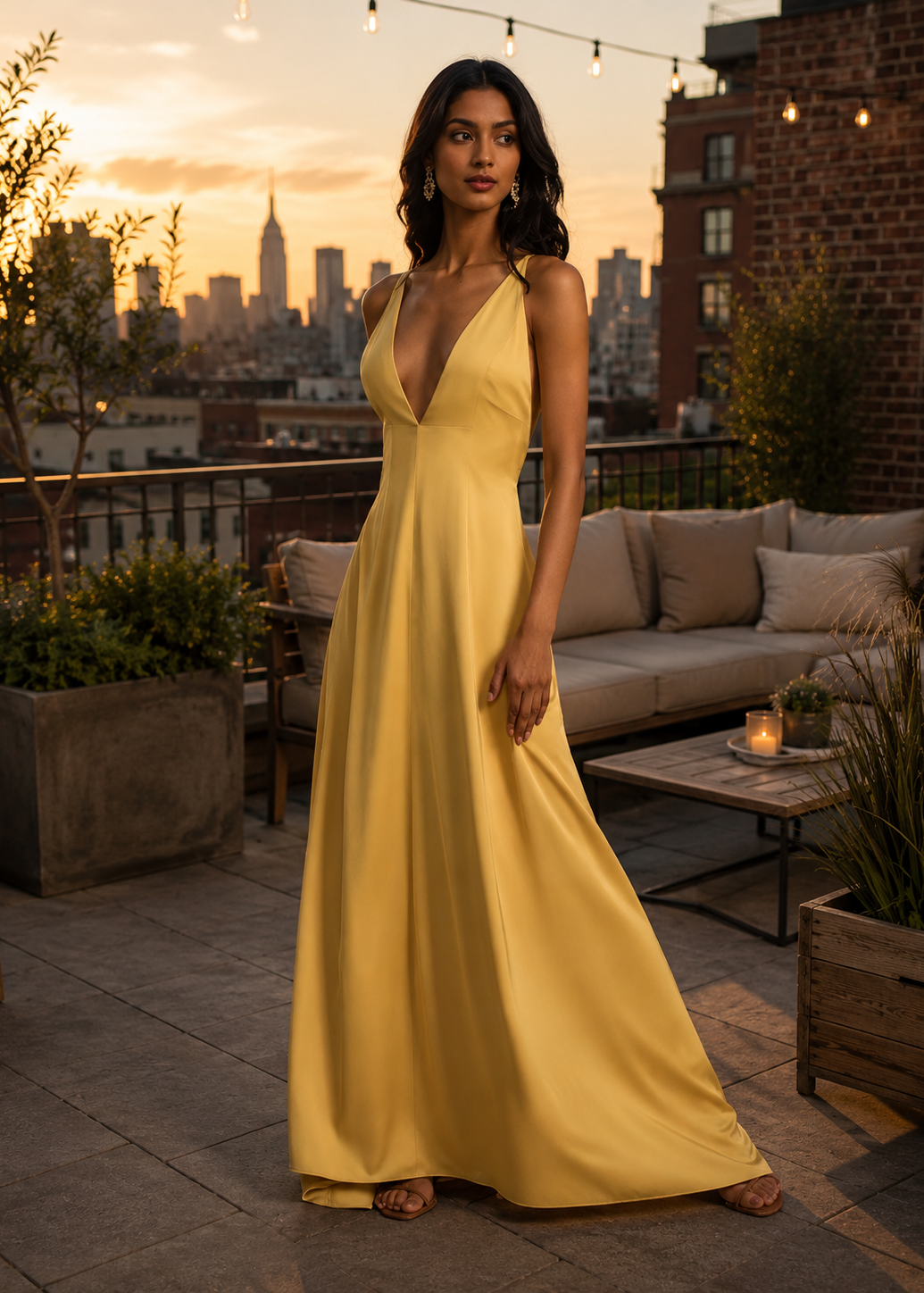 A woman stands on a rooftop patio at sunset wearing a flowing yellow maxi dress with a deep V-neckline. The background shows a city skyline, string lights, a sofa, and potted plants.