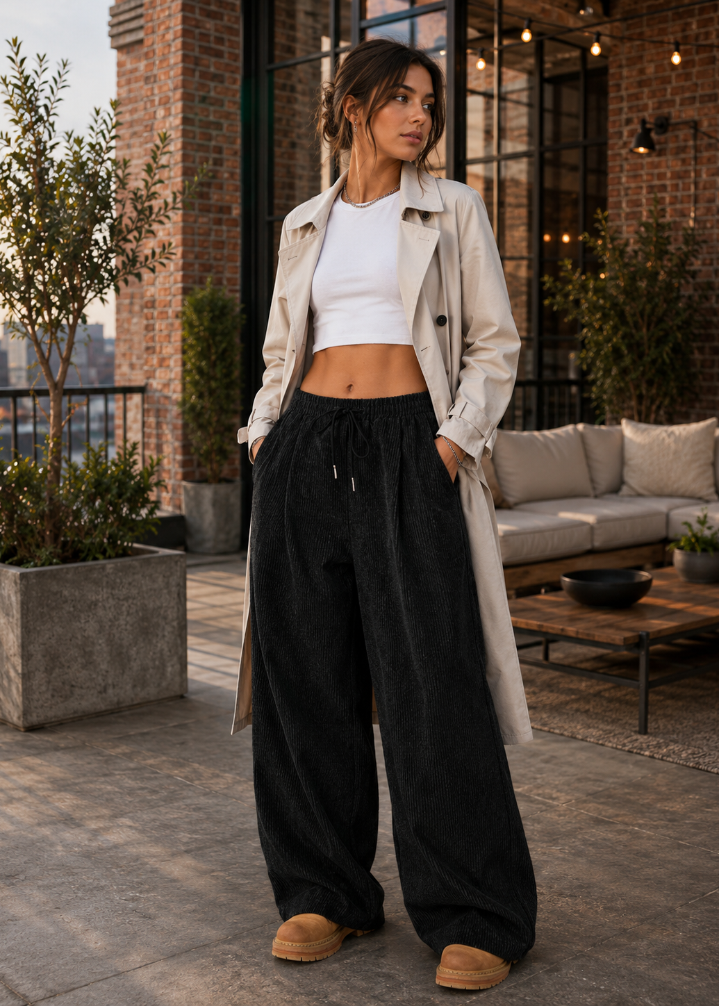 A woman stands on a rooftop patio wearing a light beige trench coat over a white cropped tank top and black wide-leg drawstring pants, with tan slip-on shoes.