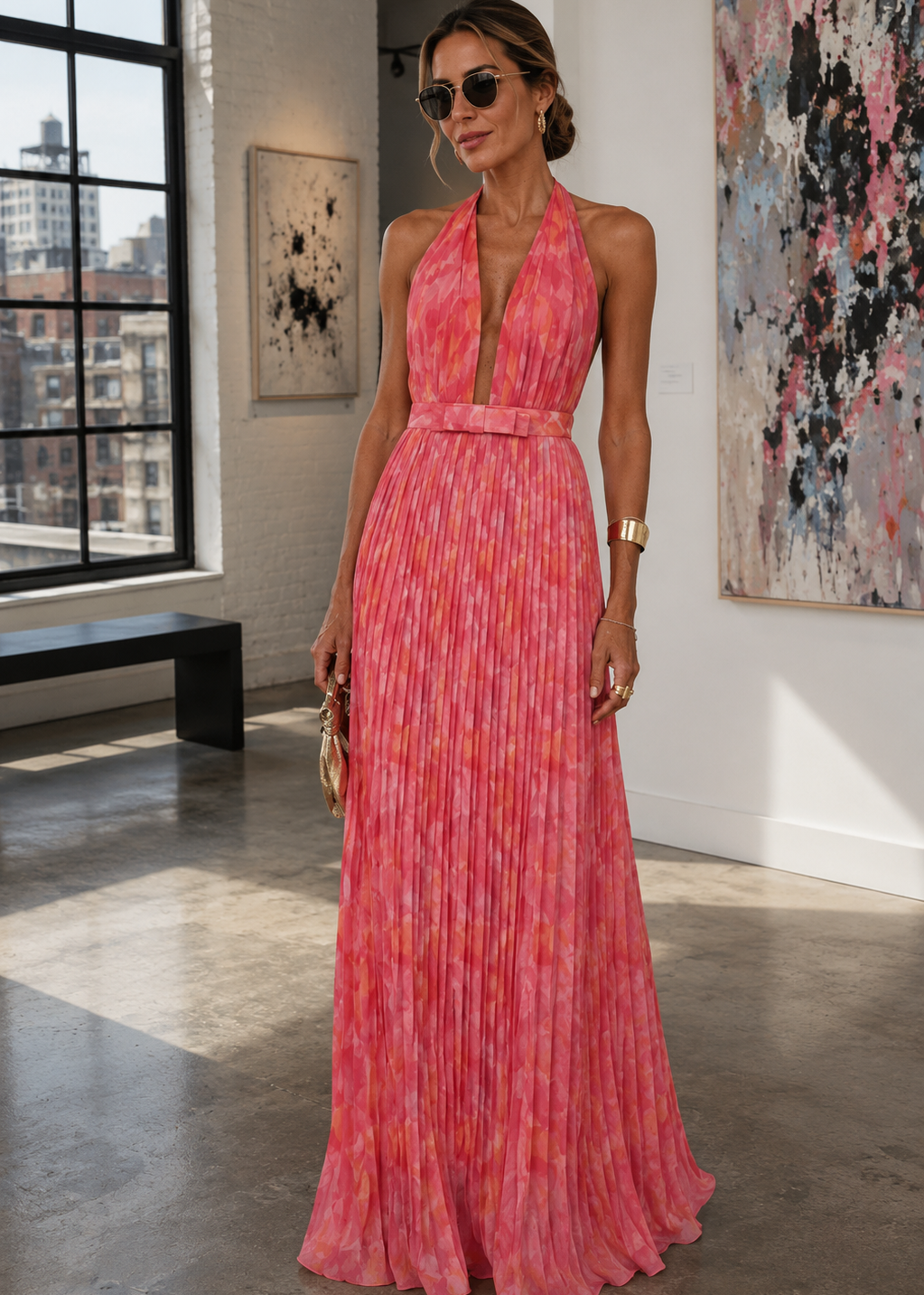 A woman wearing a sleeveless halter-neck maxi dress with a tie-dye pattern in pink, orange, and yellow, standing in a modern loft-style gallery with art on the walls.