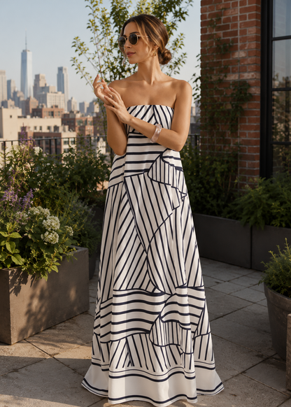 A woman wearing a strapless white maxi dress with a black geometric stripe pattern stands on a rooftop terrace with a city skyline and brick wall in the background.