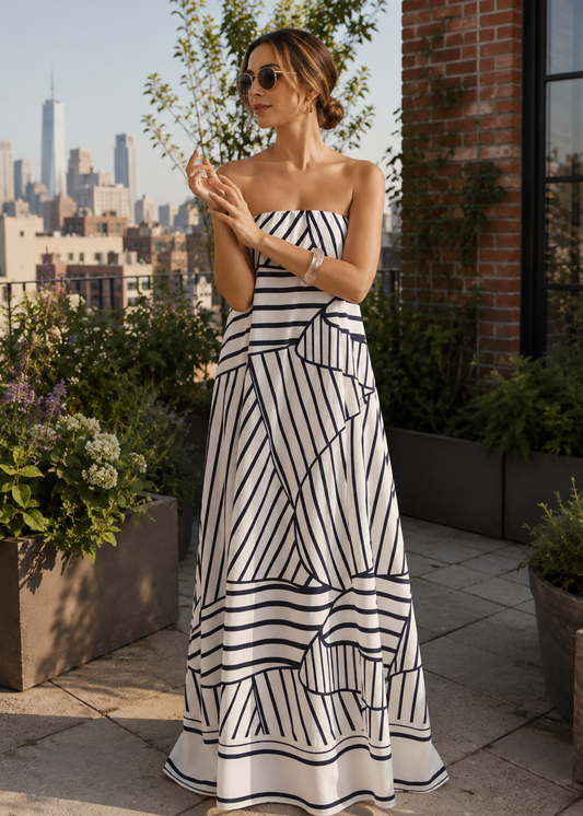 A woman wearing a strapless white maxi dress with a black geometric stripe pattern stands on a rooftop terrace with a city skyline and brick wall in the background.