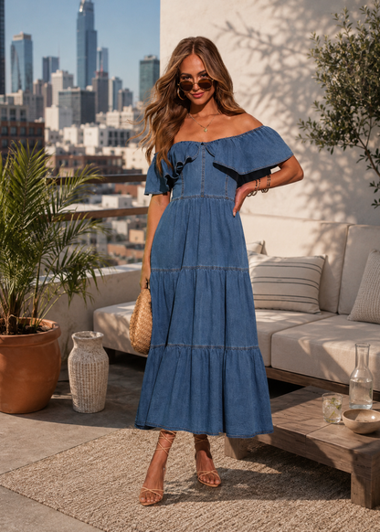 A woman models an off-the-shoulder tiered blue denim maxi dress on a sunny rooftop patio with a city skyline background.