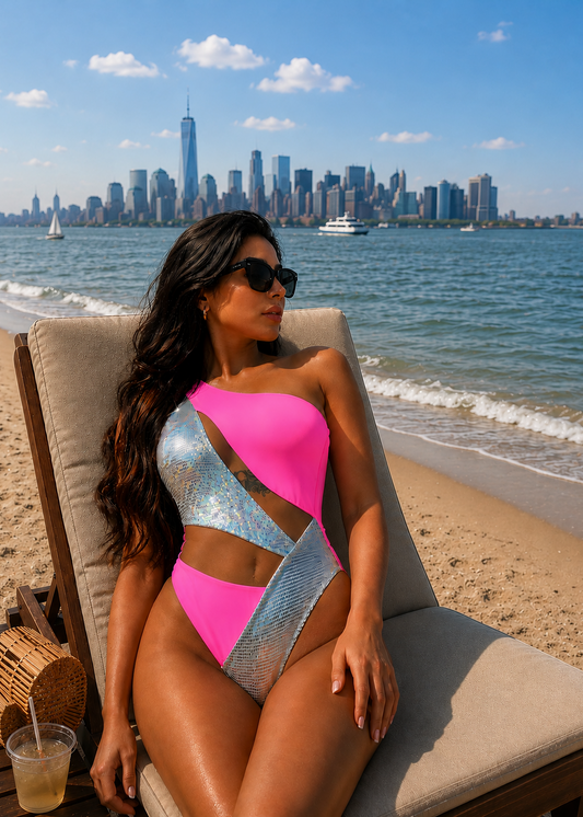 A woman wearing a bright pink and silver cutout one-piece swimsuit relaxes on a beach lounge chair by the ocean, with a city skyline in the background.