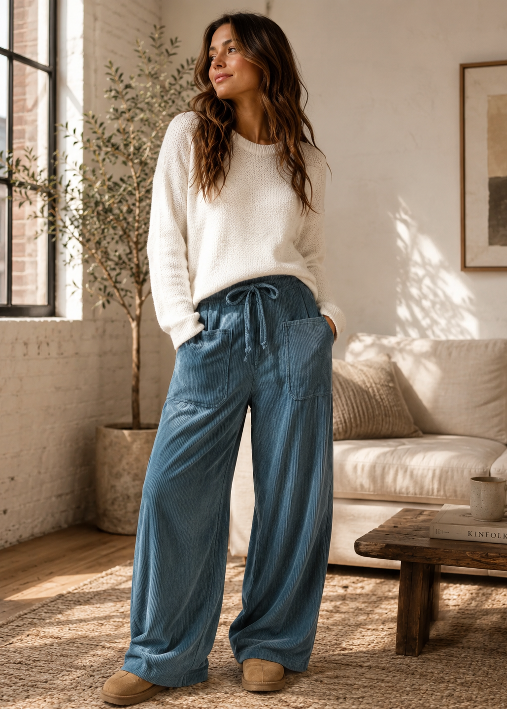 A woman stands in a sunlit living room wearing a cream knit sweater and wide-leg blue pants, with a sofa, window, and coffee table visible in the background.