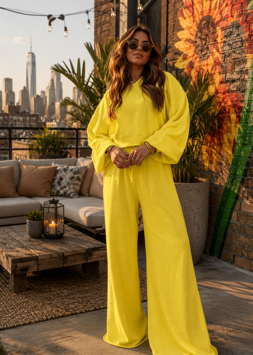 A woman wearing a bright yellow long-sleeve jumpsuit with wide legs stands on a rooftop patio. The background features a city skyline at sunset, a brick wall with a large sunflower mural, a wooden coffee table with a lantern, and a gray sofa.