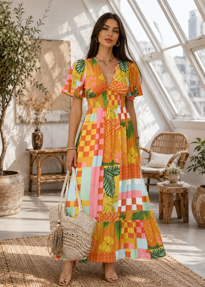 A woman stands in a bright room with large windows and plants, wearing a colorful patchwork maxi dress with pineapple and tropical leaf prints, holding a woven straw tote bag.