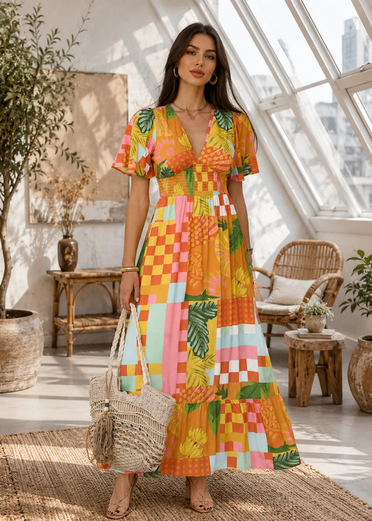 A woman stands in a bright room with large windows and plants, wearing a colorful patchwork maxi dress with pineapple and tropical leaf prints, holding a woven straw tote bag.