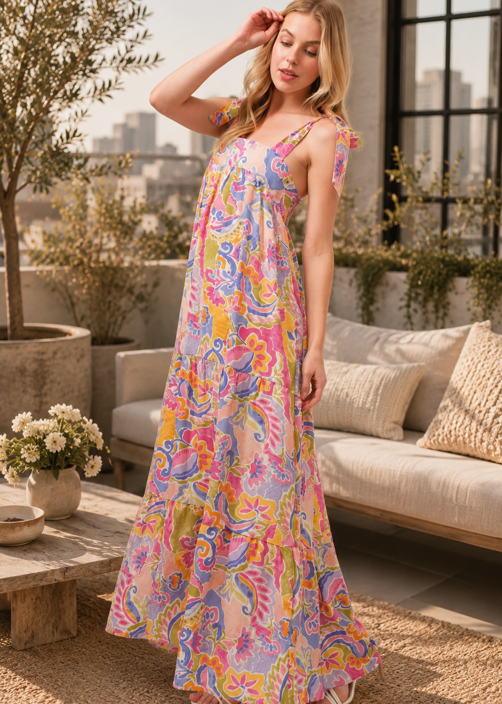 Solstice Bloom Tie Shoulder Tiered Maxi Dress
