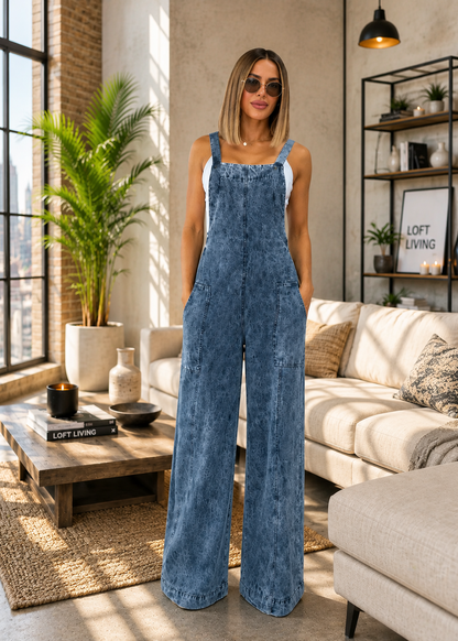 A woman wearing a blue wide-leg denim jumpsuit stands in a modern living room with a beige sofa, coffee table, and potted plant.