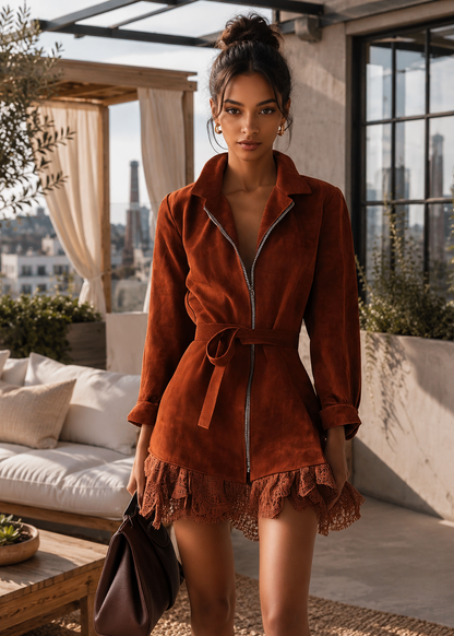 A woman stands on a sunlit terrace wearing a rust-brown suede mini coat with a collar, front zipper, tie belt, and ruffled hem. The setting includes a white sofa, plants, and large windows.