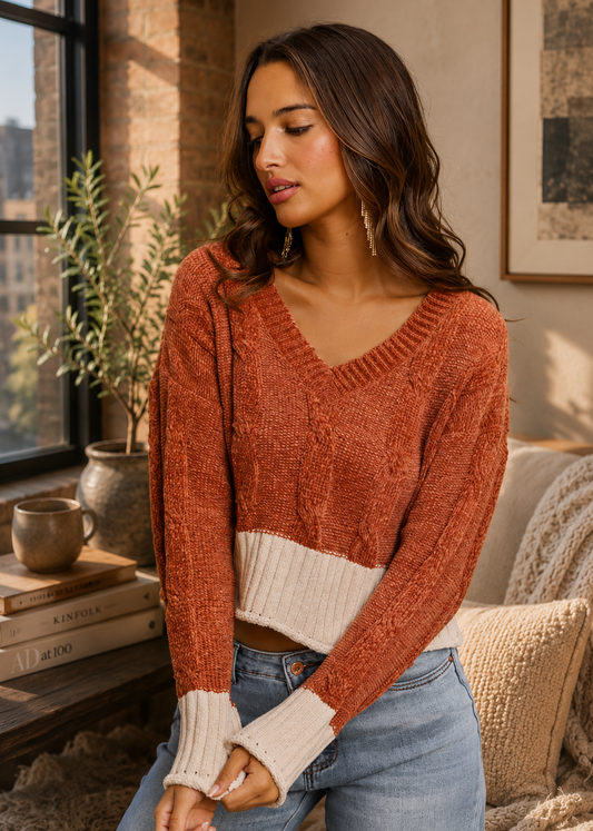 A woman wearing a textured knit V-neck sweater in rust orange with a cream ribbed hem and matching cream ribbed cuffs, paired with light blue jeans, sitting in a cozy indoor setting.