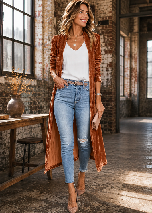 A woman stands in a sunlit industrial loft wearing a rust-brown velvet long coat over a white V-neck top, light-wash blue jeans, and tan pointed-toe heels.