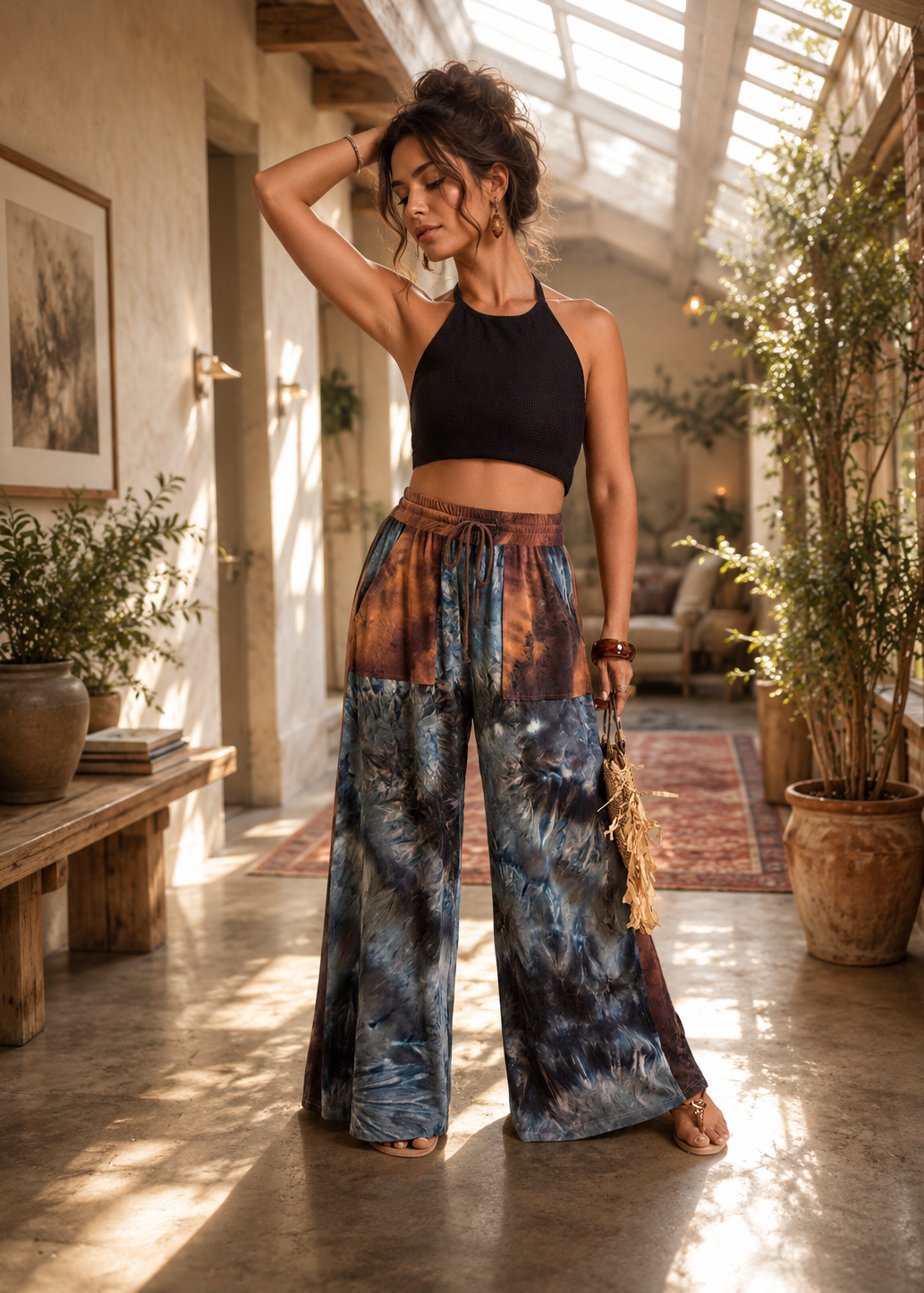 A woman stands in a sunlit indoor corridor wearing a black halter crop top and wide-leg tie-dye pants with blue, brown, and orange tones. She is holding a small tan handbag and wearing flat sandals.