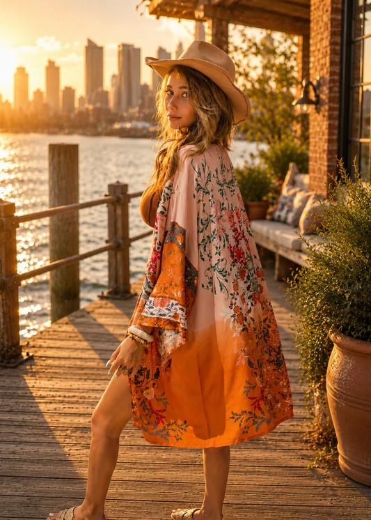 A woman stands on a wooden dock by the water at sunset, wearing a wide-brim straw hat and a flowing floral kimono-style dress with orange, pink, and multicolor botanical patterns. A city skyline is visible in the background.
