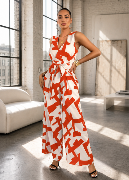 A woman models a sleeveless white jumpsuit with a bold orange geometric pattern and a matching waist tie, standing in a bright, modern loft with large windows and concrete floors.