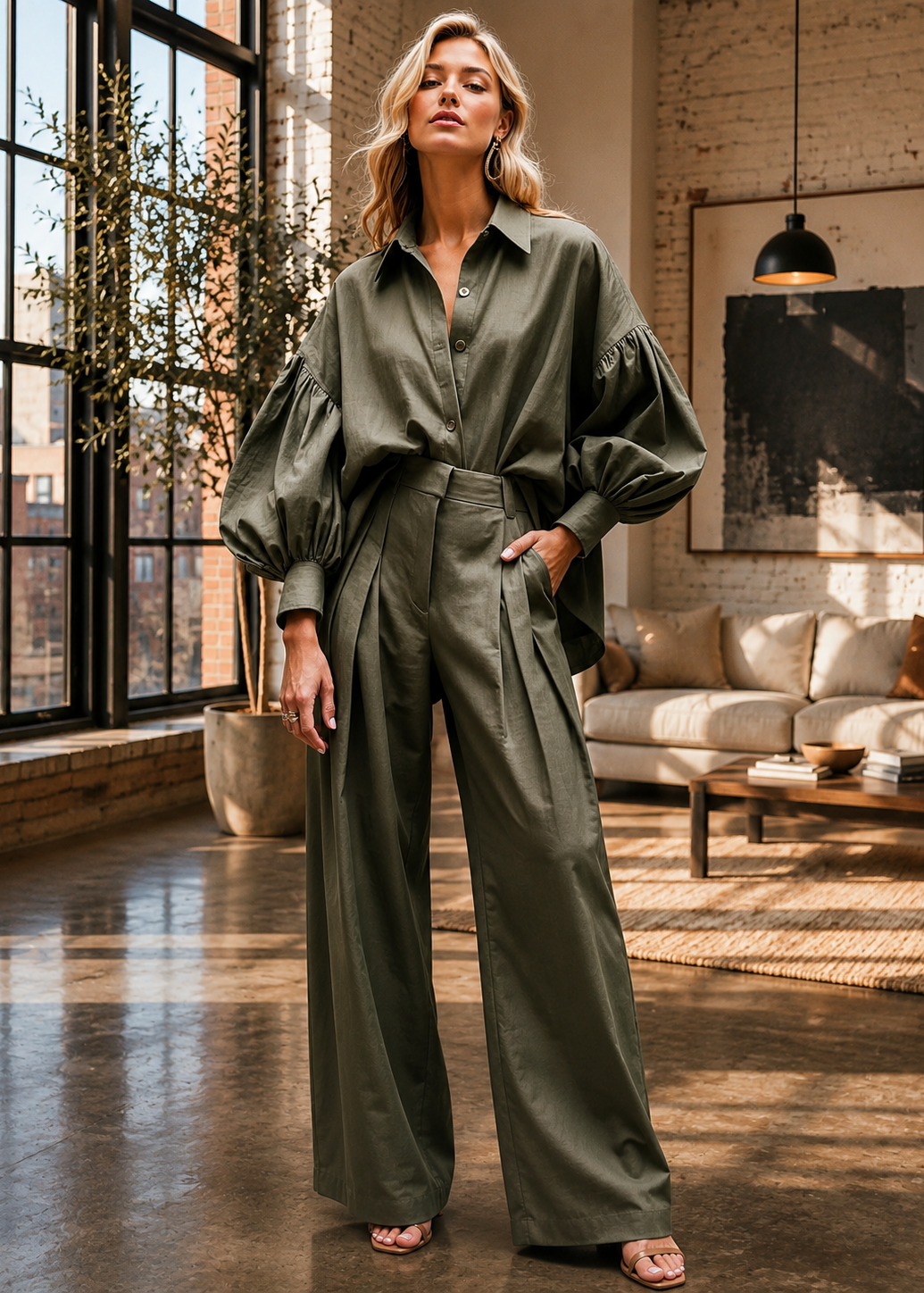 A woman models an olive green jumpsuit with voluminous balloon sleeves and wide legs in a modern loft living room setting.