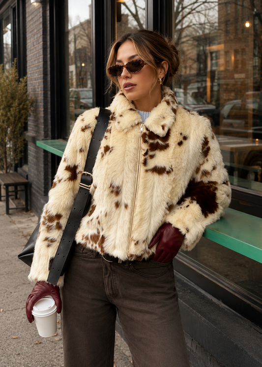 A woman wearing a cream faux-fur jacket with dark brown cow-print spots, dark brown pants, burgundy gloves, and sunglasses, standing on a city sidewalk next to a storefront.