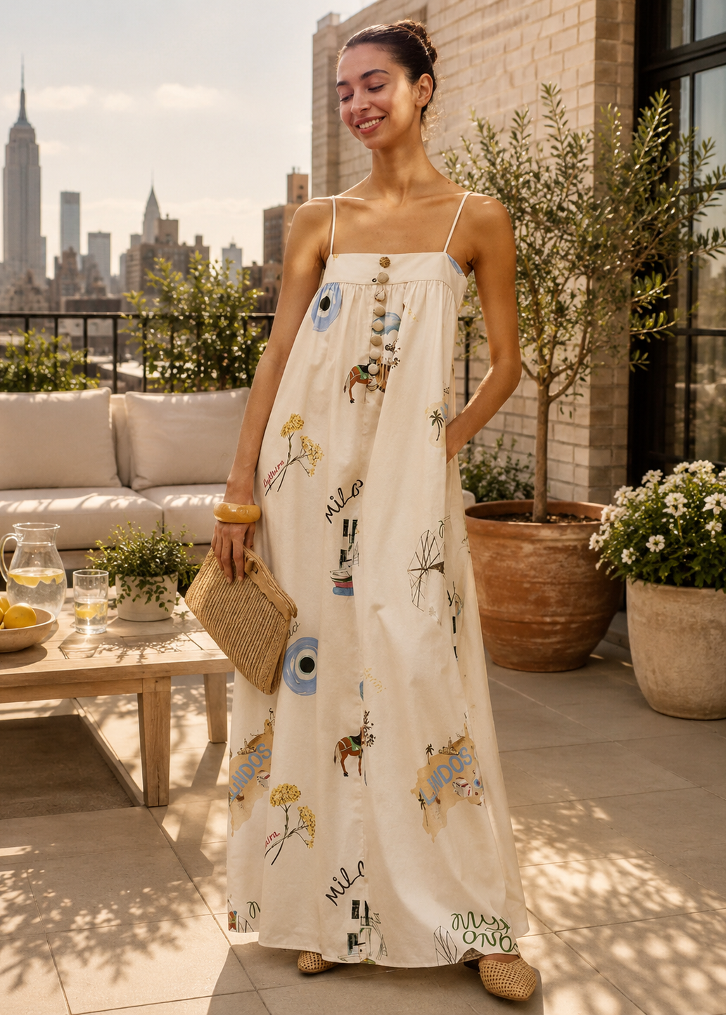 A woman stands on a sunlit rooftop terrace wearing a long cream maxi dress with a colorful illustrated print. The setting includes a city skyline in the background, a stone wall, potted plants, a small table with drinks and lemons, and a woven clutch.