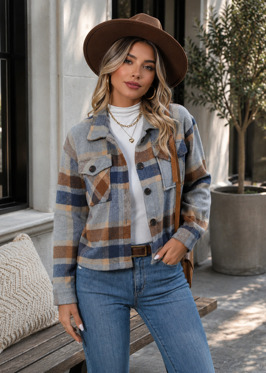 A woman wearing a brown wide-brim hat, a blue and brown plaid button-up flannel jacket over a white turtleneck, blue jeans, and carrying a brown shoulder bag, standing on a porch.