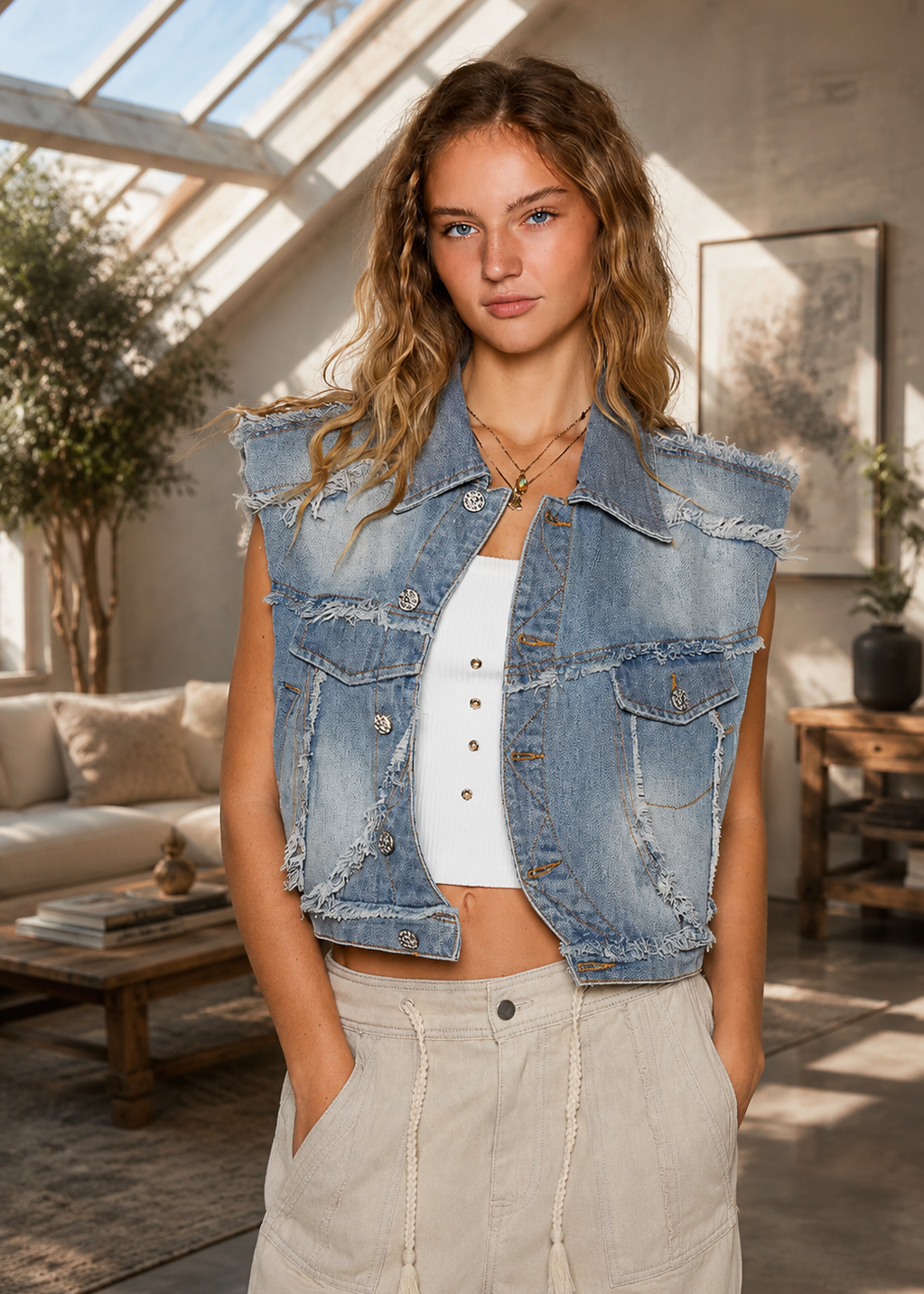 A woman wearing a sleeveless light blue denim vest over a white crop top and beige drawstring pants, standing in a bright, sunlit living room with large windows and plants.