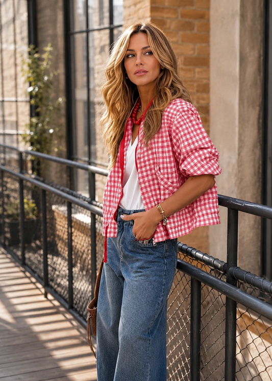 A woman stands on an outdoor walkway wearing a red and white gingham cropped button-up shirt over a white top, paired with blue jeans.
