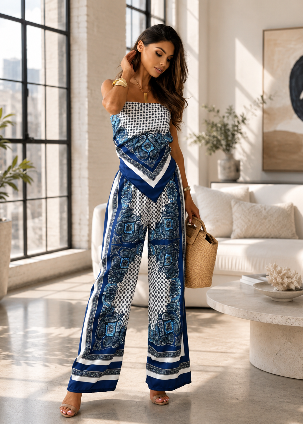 A woman models a strapless wide-leg jumpsuit with a blue, white, and black geometric and paisley print, standing in a bright, modern living room.