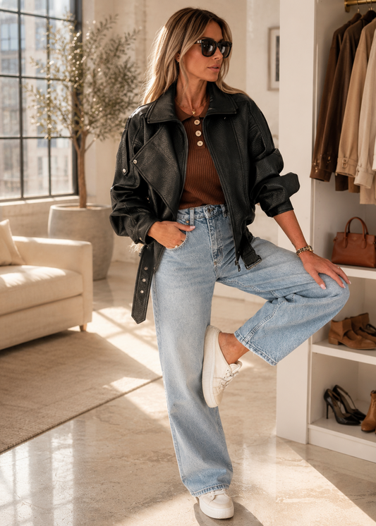 A woman models a black leather jacket in a bright, modern room. She is wearing a brown ribbed knit top, light-wash wide-leg jeans, and white sneakers.