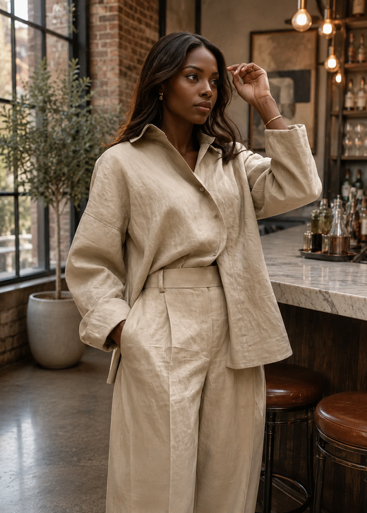 A woman wearing a beige linen two-piece set consisting of a long-sleeve collared shirt and matching wide-leg trousers, standing in a rustic bar interior.