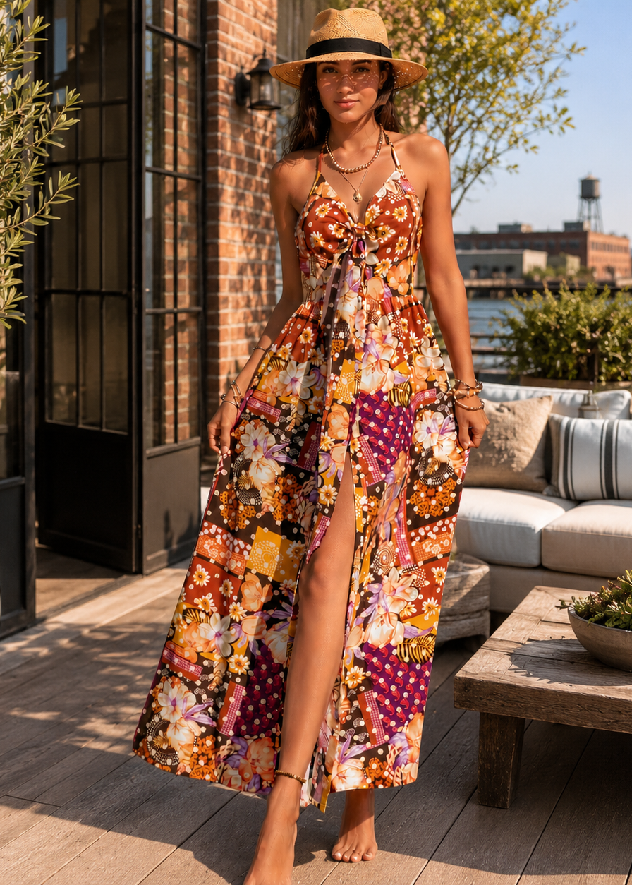 A woman wearing a sleeveless, floral maxi dress with a high slit and a straw hat stands on a sunlit outdoor patio. The dress has a busy multicolor floral pattern with orange, yellow, purple, and white tones.