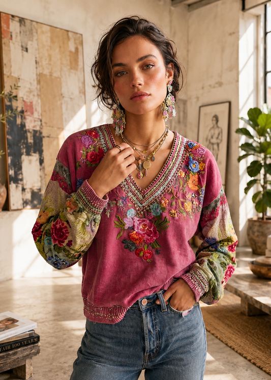 A woman wearing a pink bohemian floral embroidered sweater and blue jeans, standing in a sunlit, rustic modern loft interior.