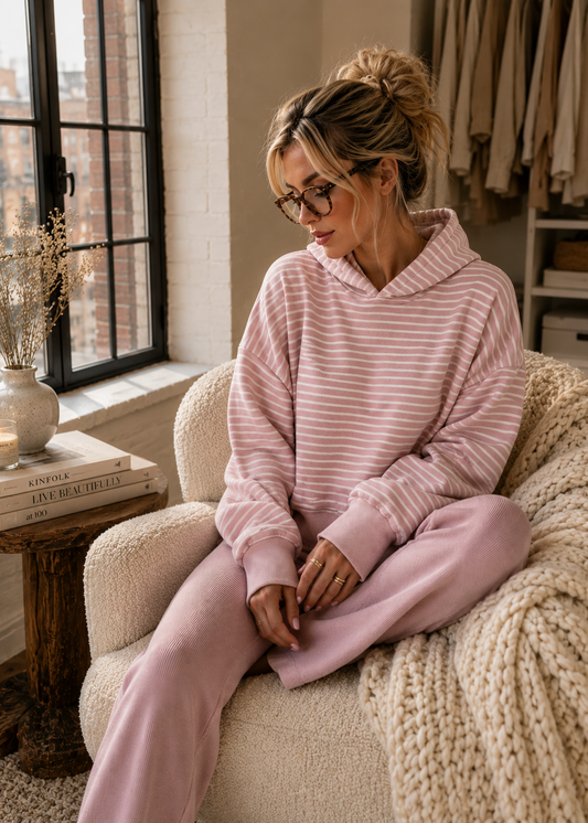 A woman wearing a pink and white striped hooded sweatshirt and matching sweatpants sits in a cozy cream-colored armchair next to a window in a styled room.