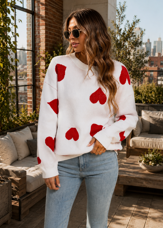 A woman wearing a white crewneck sweater with red heart patterns, styled with light blue jeans, standing on a sunlit outdoor patio with a city skyline in the background.
