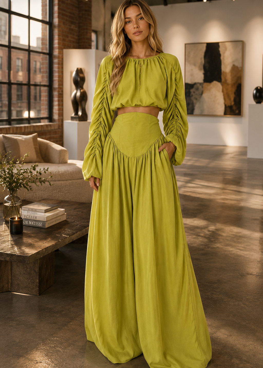 A woman modeling a bright yellow-green two-piece outfit consisting of a long-sleeve crop top and matching high-waisted maxi skirt, standing in a modern loft-style room with brick walls and large windows.