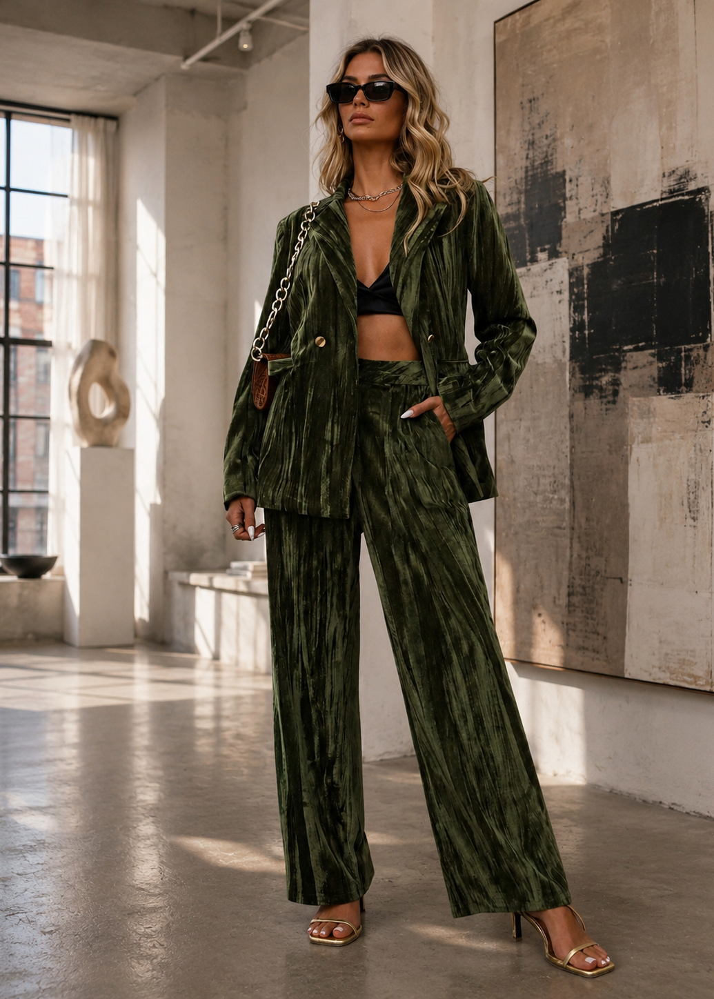 A woman models a matching dark green velvet two-piece suit consisting of a cropped blazer and wide-leg trousers, styled with a black bralette, gold chain bag, and gold sandals in a modern loft setting.