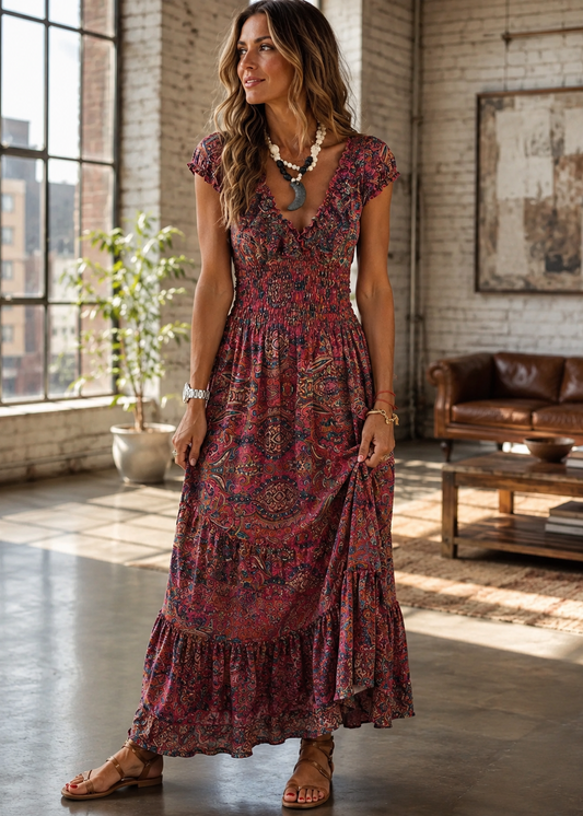 A woman modeling a bohemian-style maxi dress with a red, purple, and blue paisley pattern in a bright loft-style room with brick walls and large windows.