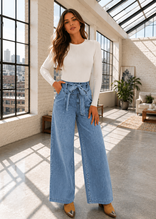 A woman stands in a bright loft-style room wearing a fitted white long-sleeve top and light blue high-waisted wide-leg jeans with a tie waist, paired with tan pointed-toe heels.