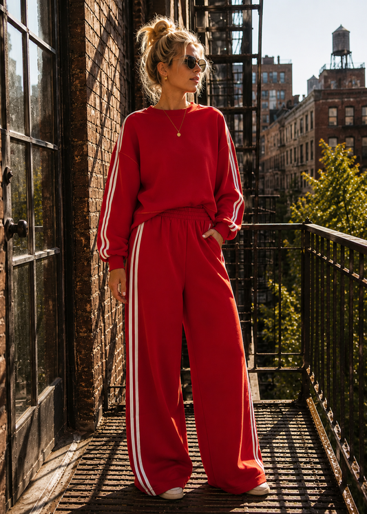 A woman wearing a bright red two-piece tracksuit with white side stripes stands on a metal fire escape balcony in an urban setting with brick buildings and trees in the background.