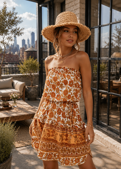 A woman wearing a strapless tiered dress with a brown and orange floral pattern on a cream background, styled with a straw hat, standing on a rooftop patio with a city skyline in the background.
