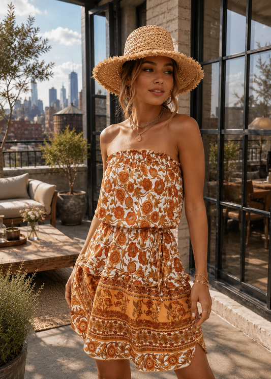 A woman wearing a strapless tiered dress with a brown and orange floral pattern on a cream background, styled with a straw hat, standing on a rooftop patio with a city skyline in the background.